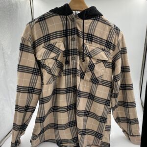H&M Divided Women's Hoodie Tan, Black &White Plaid Flannel Long Sleeve Size S